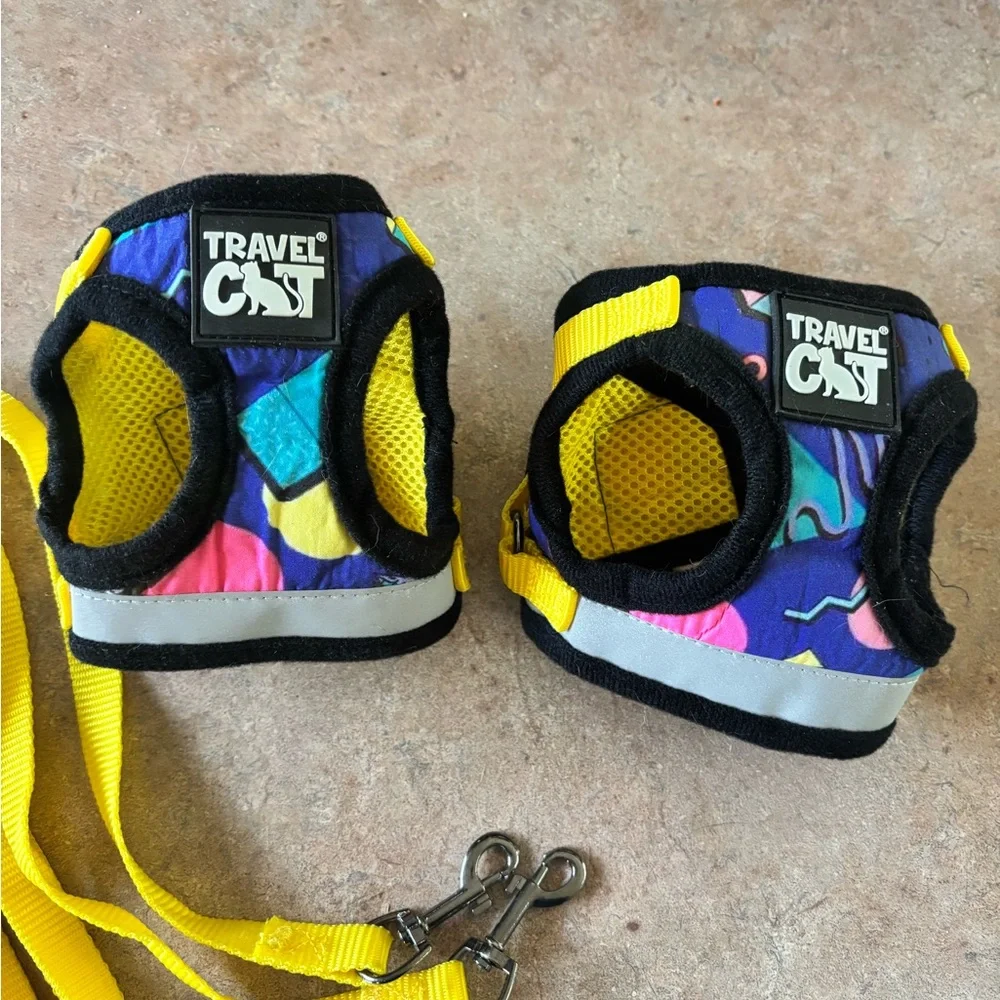 Two Harness and Leash Sets - Black, Yellow, and Multicolor